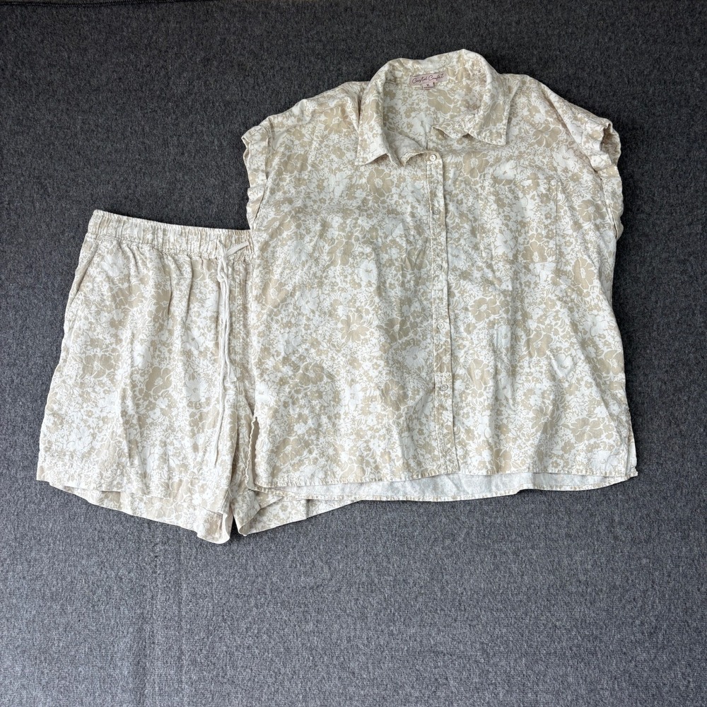 Coastal Comfort Floral Linen Blend Shorts Top Set XL Tan White